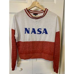 Fifth Sun NASA half T-Shirt White Red Blue Colorblock Cropped Long‎ Sleeve Sz XS